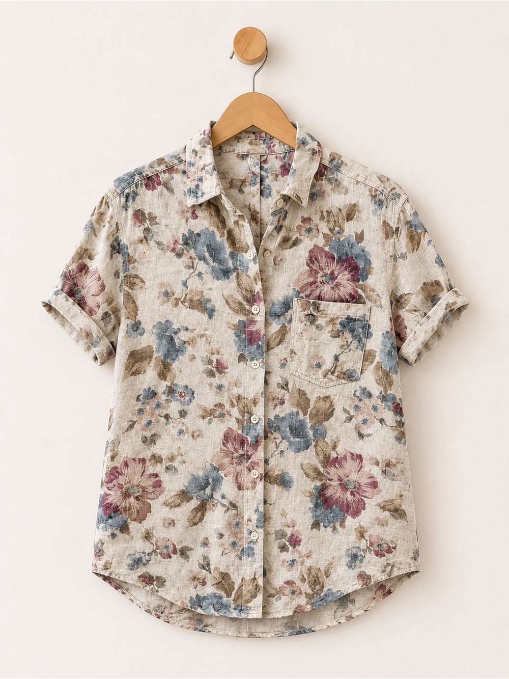 Floral Linen-Blend Short Sleeve Button-Up Top - Beige Floral